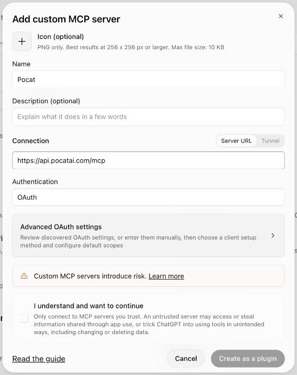 The ChatGPT setup form with Pocat, its server URL, and OAuth authentication