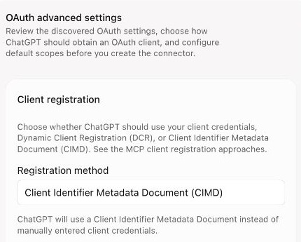 ChatGPT detects Client Identifier Metadata Document (CIMD) as the registration method